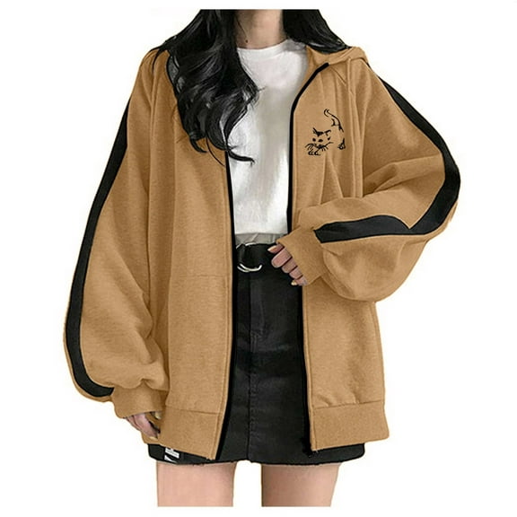 IROINNID Women's Long Sleeve Hooded Coat Thigh-Length Solid Color Casual Pocket Zipper Medium And Long Tops Sweatshirts Pullover, Brown