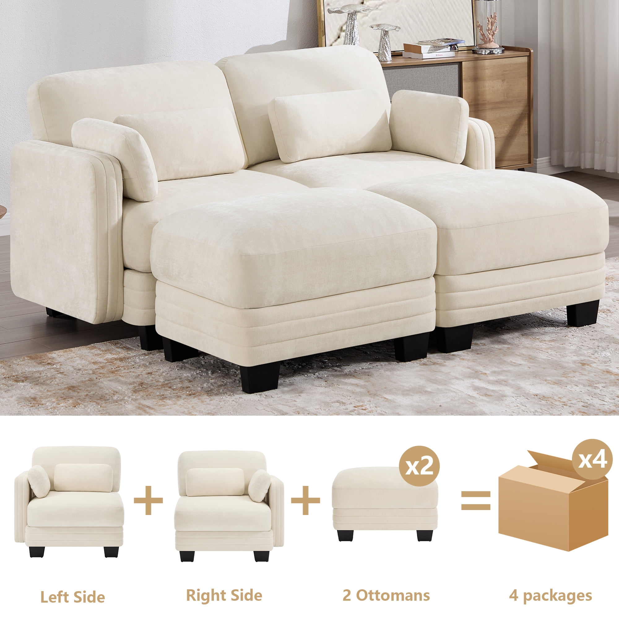 70" Modern Modular 2 Seater Loveseat Sofa Couch with 2 Ottoman and 4 Pillows