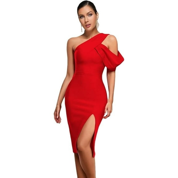 One Shoulder Ruffle Wedding Guest Dress Slit Bandage Cocktail Dress Formal Party Gowns Color Red Small