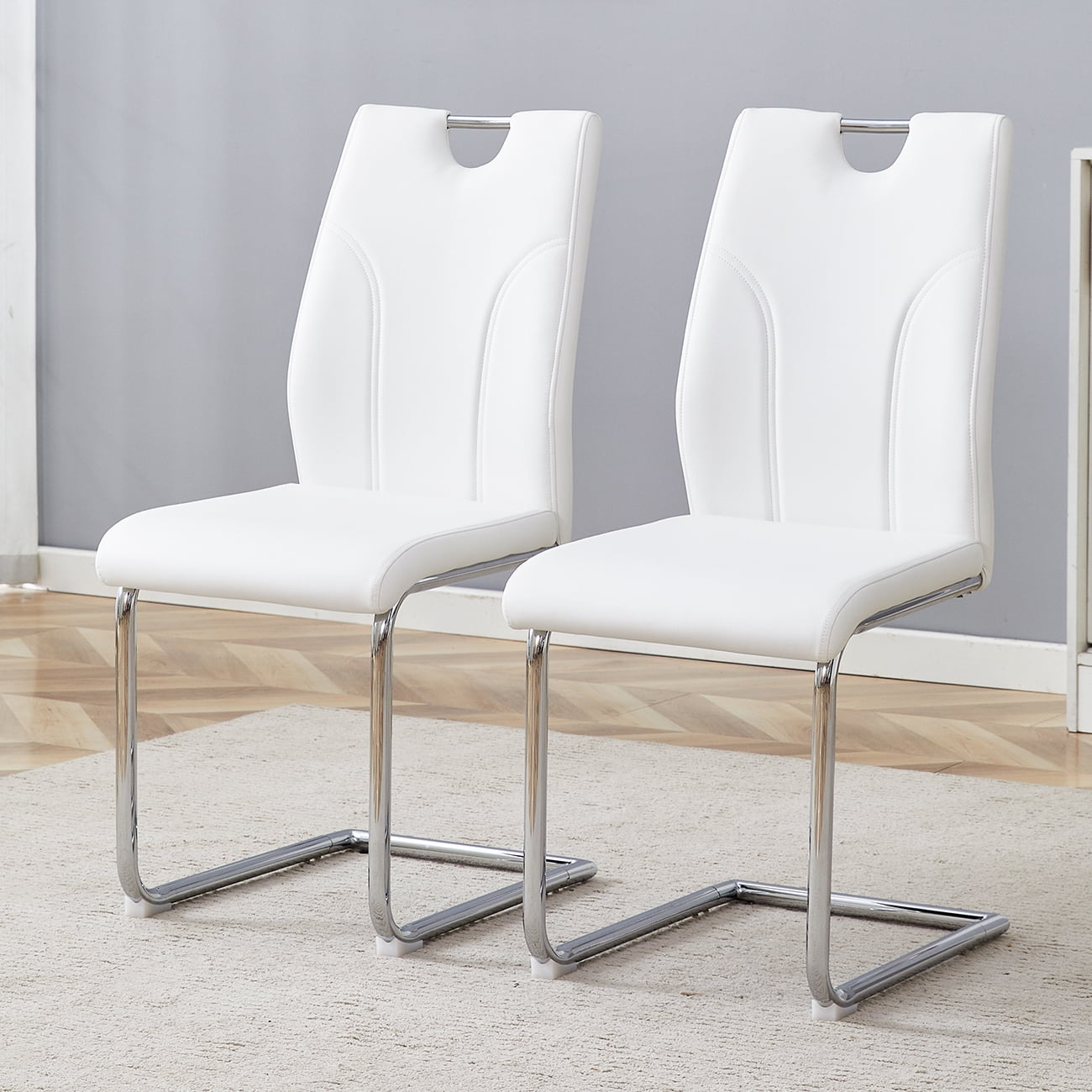 NYEESS Set of 2 White PU Upholstered Dining Chairs with Silver Metal Legs, Modern Ergonomic Seating for Kitchen or Office