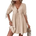 thumbnail image 3 of Womens Summer Casual Short Sleeve Dresses A Line Bow-Knot Tie Front Babydoll Loose Cute Mini Dress Khaki S, 3 of 10