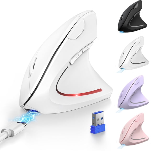 TECKNET Ergonomic Mouse, Rechargeable 2.4G Bluetooth Vertical Mice 6 DPI Adjustable, Wireless Optical Carpal Tunnel Mouse Right Hand, Multi Device for Laptop, PC, Computer, MacBook, iPad - White