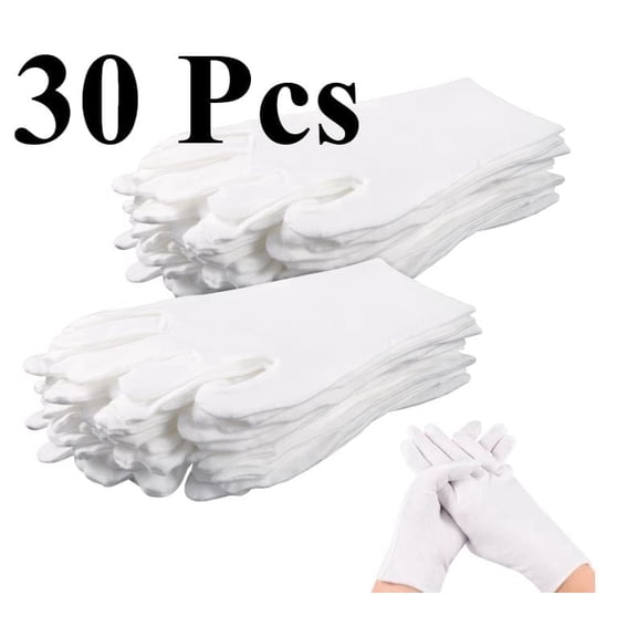 30 Pcs White Cotton Gloves for Dry Hand Sleeping, Eczema Moisturizing Gloves for Men and Women, Washable Premium Cotton Gloves for Coin Jewelry Silver Inspection