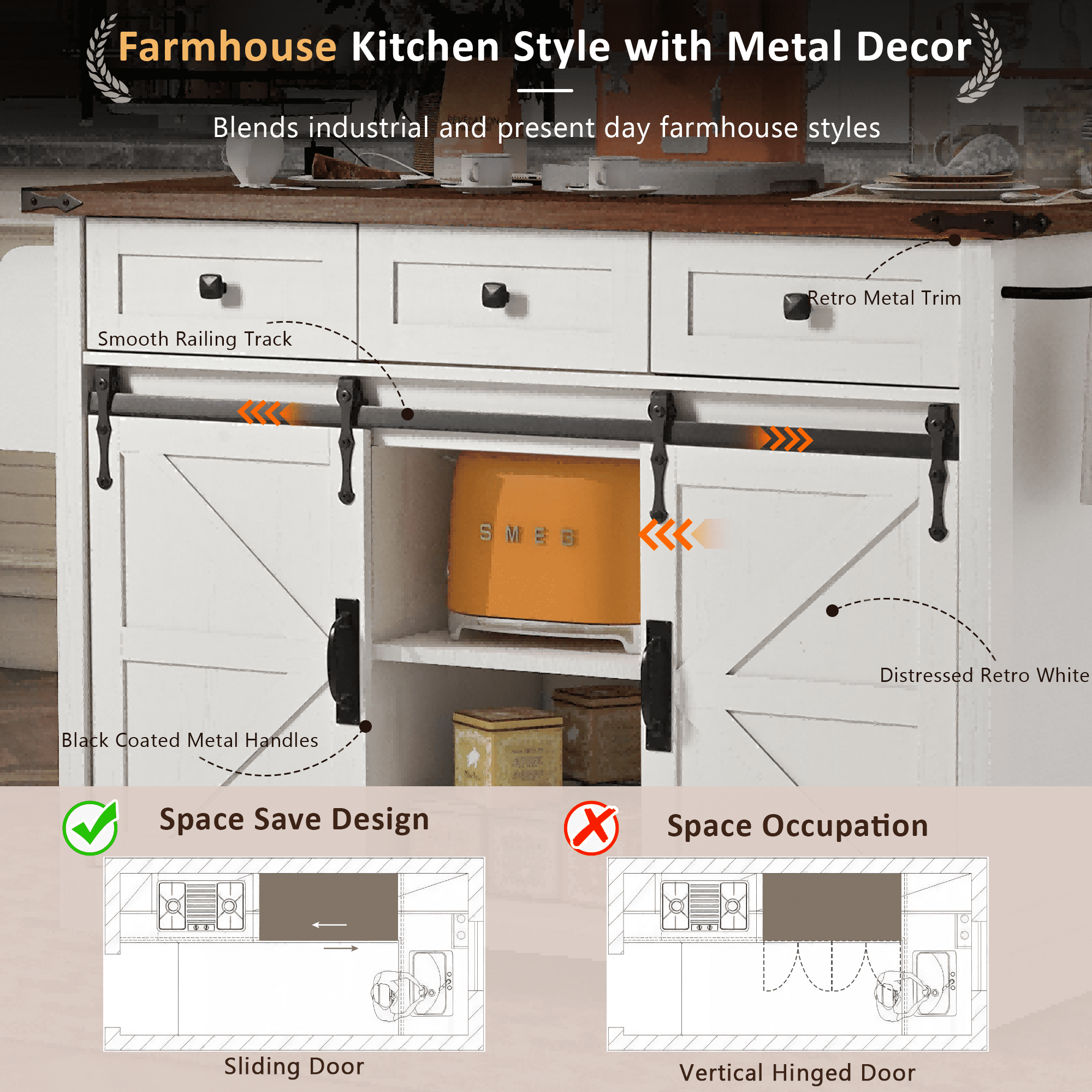 Chords Attic 53.7"W Farmhouse Rolling Kitchen Island with Sliding Barn Doors, Mobile Kitchen Islands with Drop Leaf and Power Outlet, Rustic Kitchen Storage Cart with Spice Rack for Dining Room