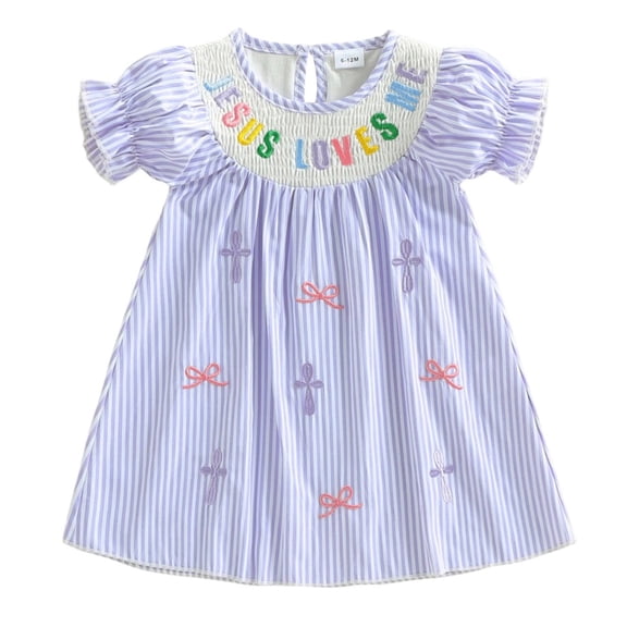 WUANDIXFA Little Girl Christian Outfit Jesus Loves Me Dress Puff Sleeves Embroidered Smocked Dresses Baptism Outfit Princess (Light Purple, 3-4 Years)