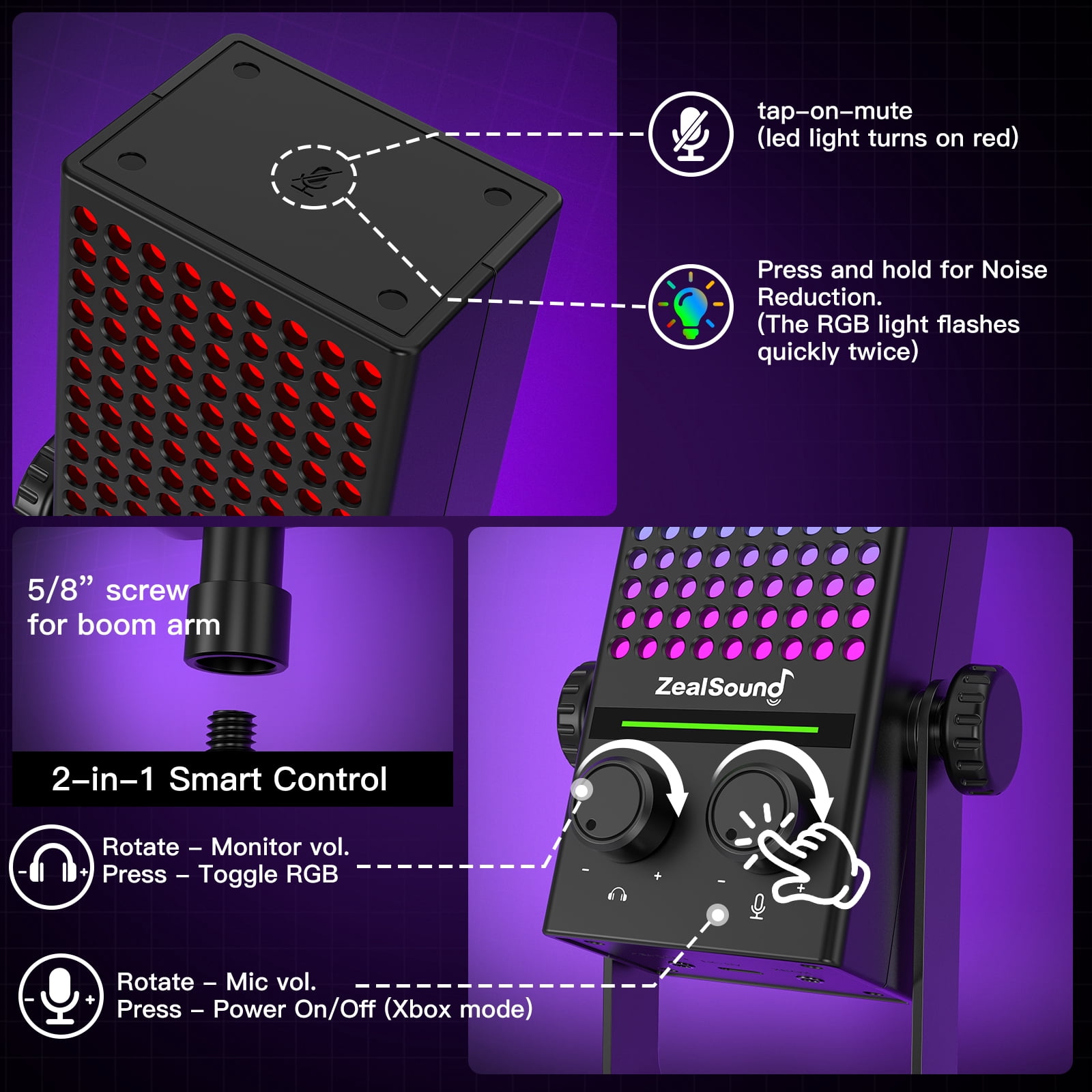 ZealSound Gaming Microphone for Xbox, PC & Mac, Noise Cancellation Streaming Mic with One Tap Mute, RGB Lighting, Monitoring, Gain Control, Condenser Mic for iPhone, Computer, Podcast, Gamer, YouTube