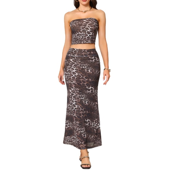 INSPIRE CHIC Summer Two Piece Skirt Set for Women's Leopard Print Strapless Crop Tube Top Bodycon Skirts Vacation Outfits Brown XS
