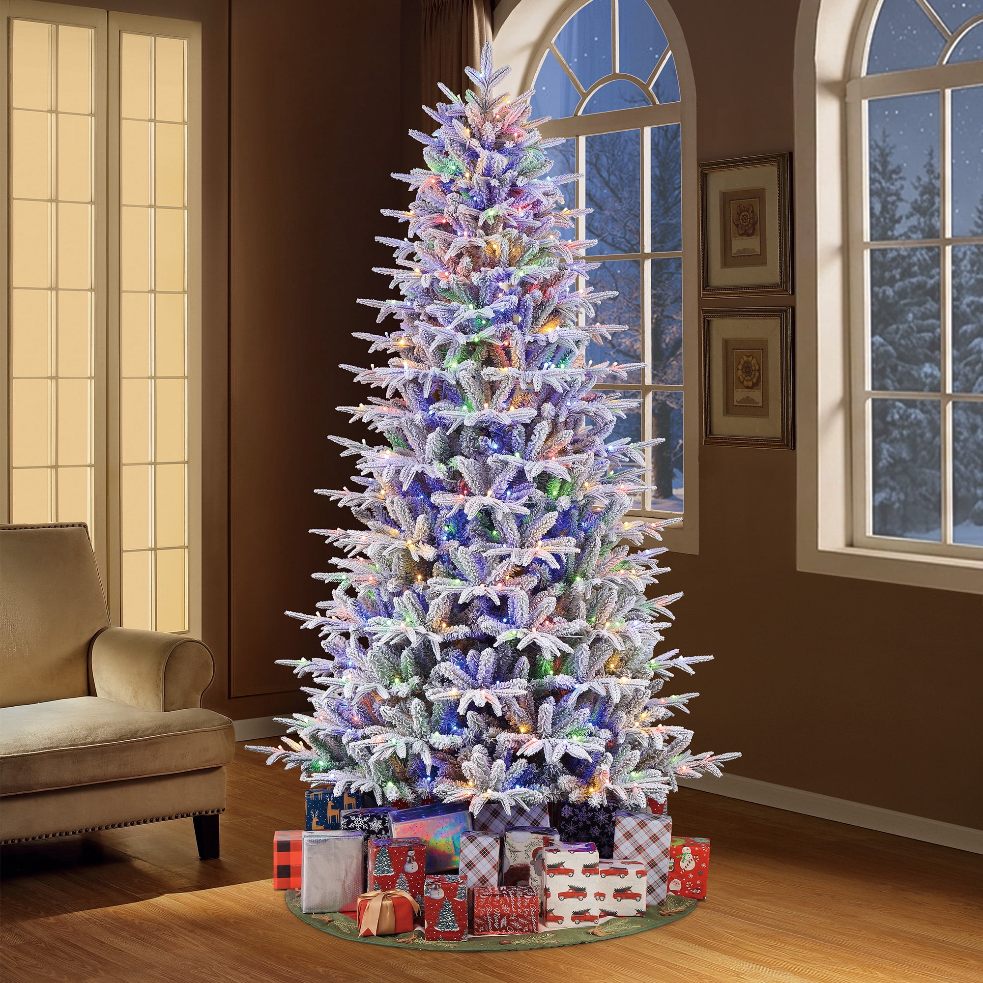 7.5ft Pre-Lit Flocked Aberdeen Spruce Christmas Tree by Holiday Time, 400 Color-Changing LED