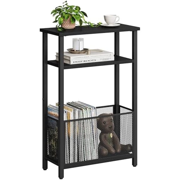Narrow Side Table with Storage Basket Skinny End Tables for Smalls Spaces 3 Tier Sofa Table Small Nightstand Slim Bedside Table for Living Room Bedroom Black MLBZ22B