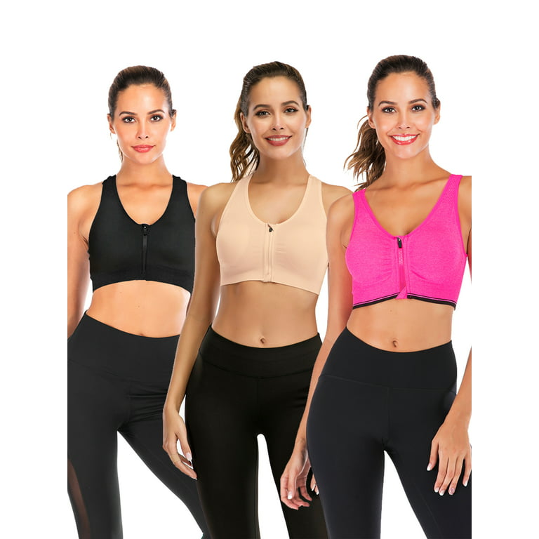 YouLoveIt Women Sports Bra, 3 pack Zipfront Padded Cups Comfort Sports Bra  Zip Front Mesh Racerback Sports Bra Active Gym Yoga Workout Sports Bras