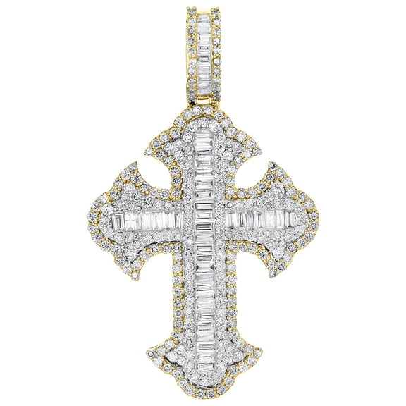10K Yellow Gold Baguette Diamond Men's Pointed Cross Pendant Iced Out Charm 3 CT