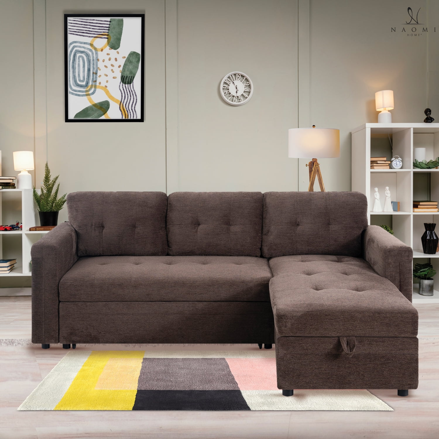 Lily Reversible Sleeper Sectional with Storage and USB Ports-Color:Espresso,Fabric:Microfiber