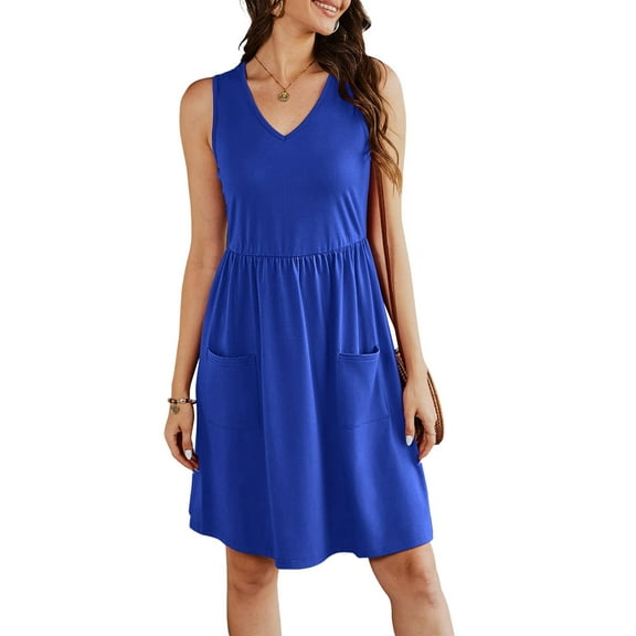 Womens Summer Dresses Casual Sleeveless Sundress Beach Vacation Flowy Midi Dresses with Pockets Royal Blue S