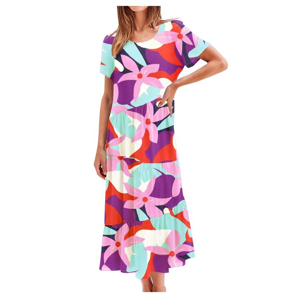Puntoco Vestido De Verano De Las Mujeres Cuello Redondo Color Sólido Impreso Casual Manga Corta Vestido Suelto Vestido De Cuello Redondo De Manga Corta Rosa S,Regalos Para Mujer Joven