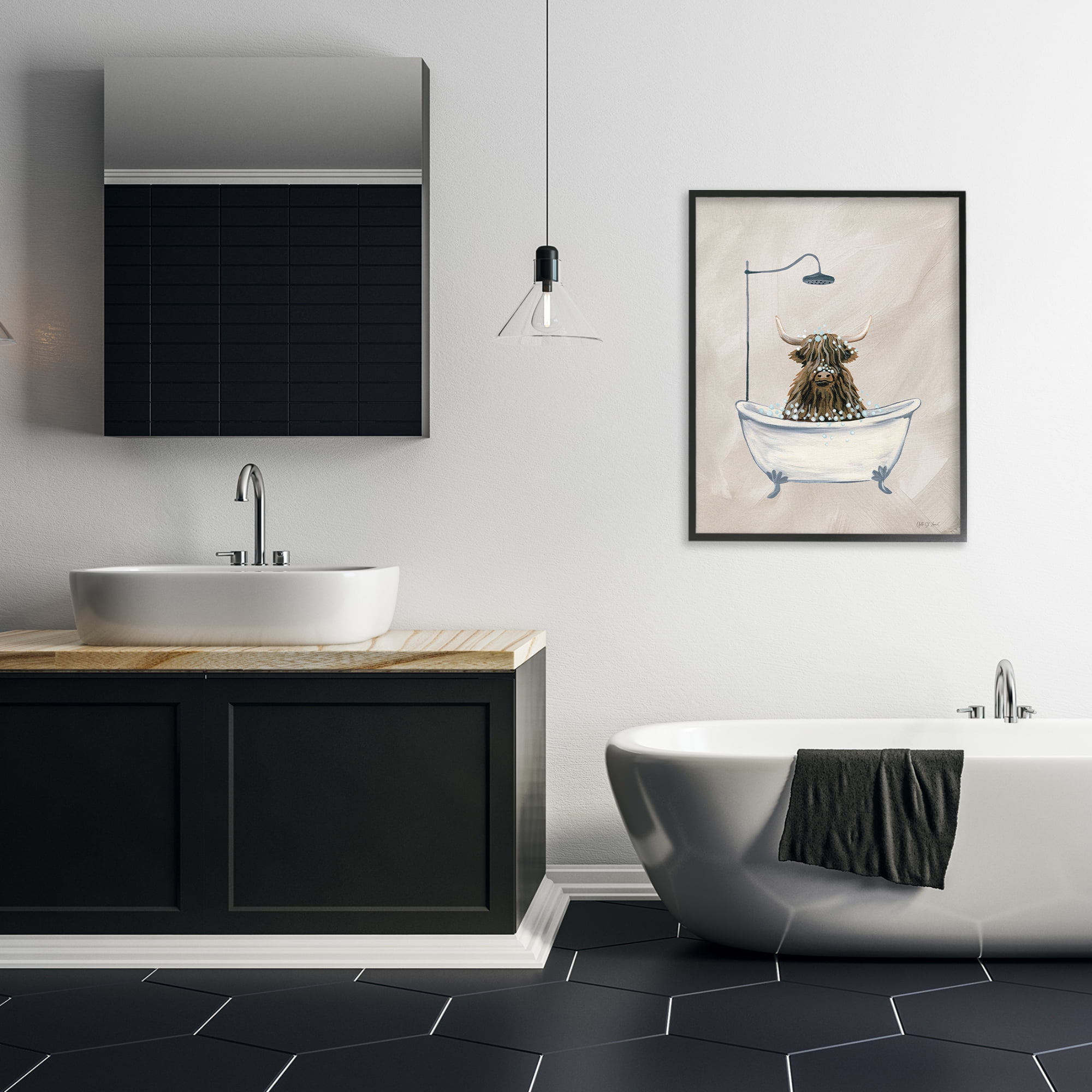 Stupell Industries Highland Cow Bubble Bath Typography Painting Black Framed Art Print Wall Art, 24 x 30