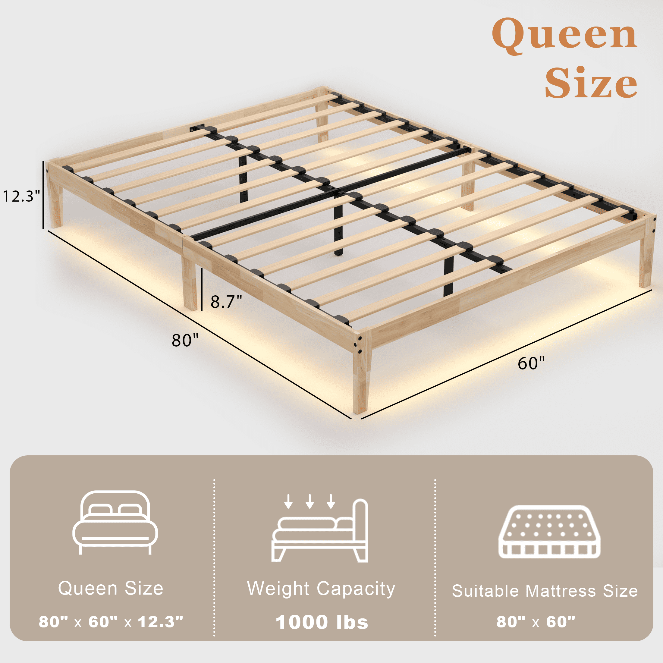 Queen Wood Bed Frame, Wood Platform Bed Frames with LED Lights, 8.7" Under-Bed Storage, Noise-Free, Easy Assembly, 12"