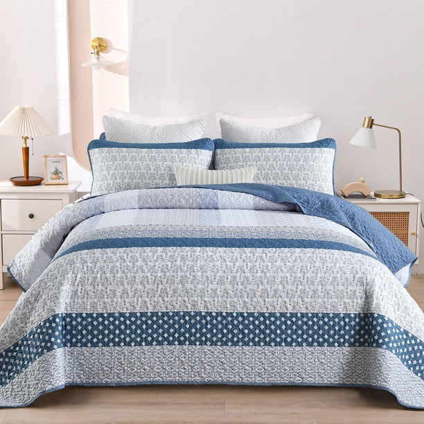 Juego de edredón WONGS BEDDING, azul, bohemio, con rayas king size, 3 piezas