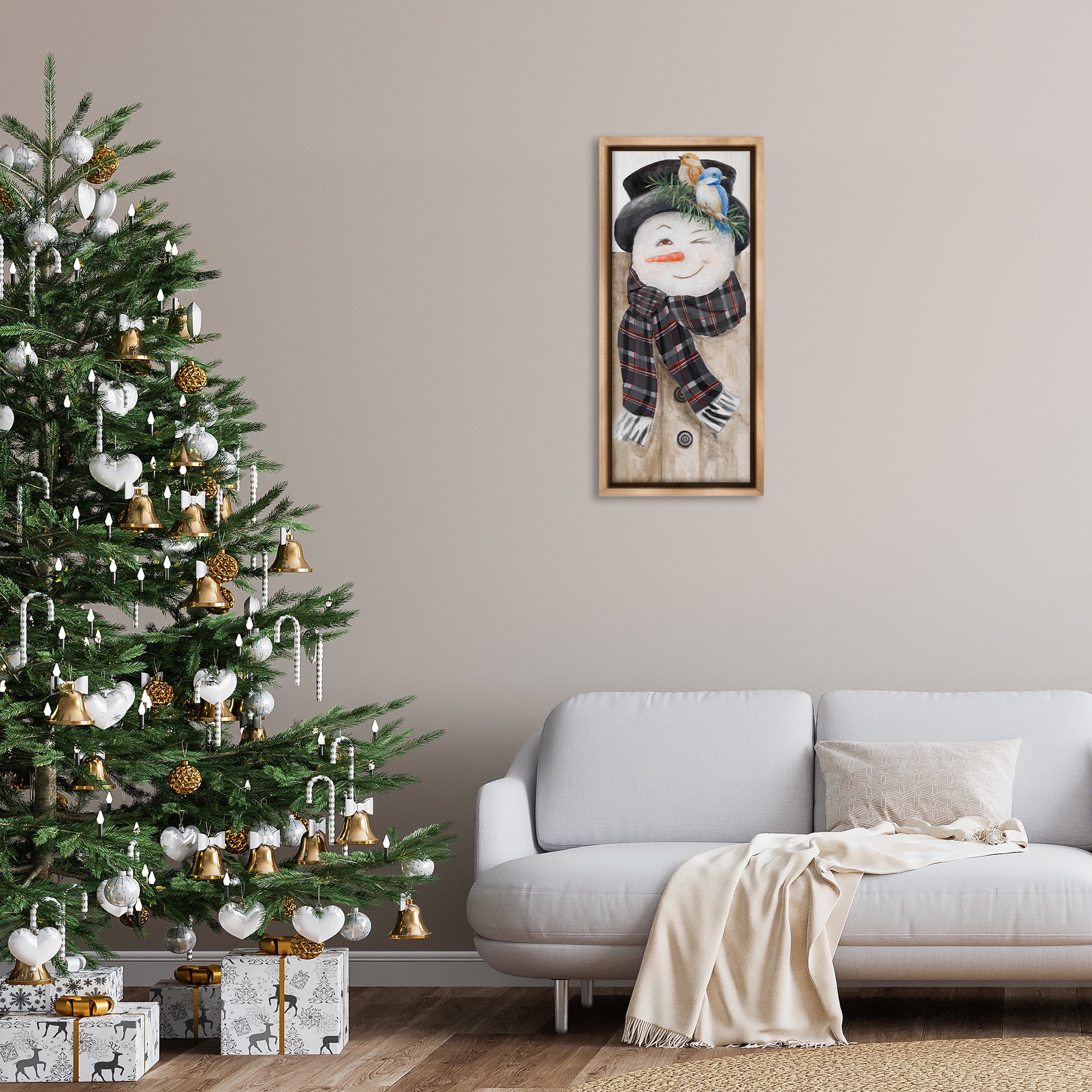 Stupell Industries Rustic Winter Snowman Wink Fairy Tales & Fantasy Painting Brown Floater Framed Canvas Art Print Wall Art, 15 x 31