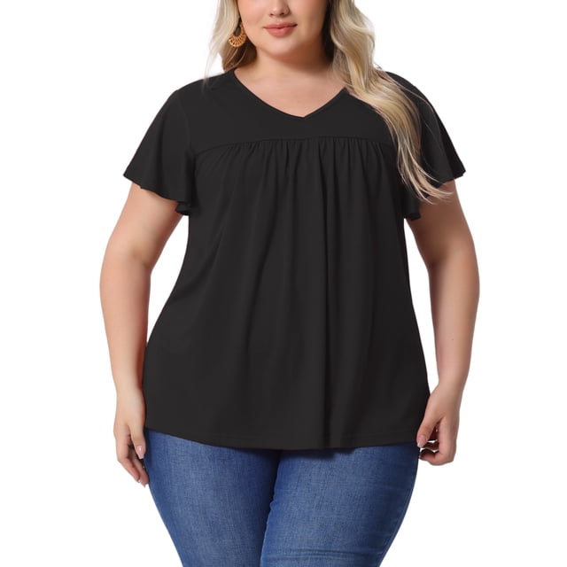 Blusa casual de verano para mujer de talla grande Agnes Orinda, con estampado floral, volantes, plisado, escote en V y mangas cortas, talla 2X, color negro