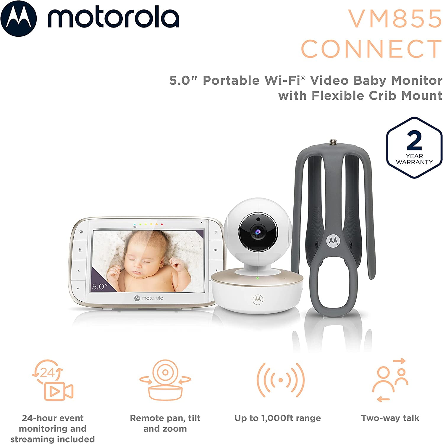 Motorola VM855 Connect HD Wi-Fi Video Baby Monitor with 5" Color Screen & Flex Mount|Two-Way Talk