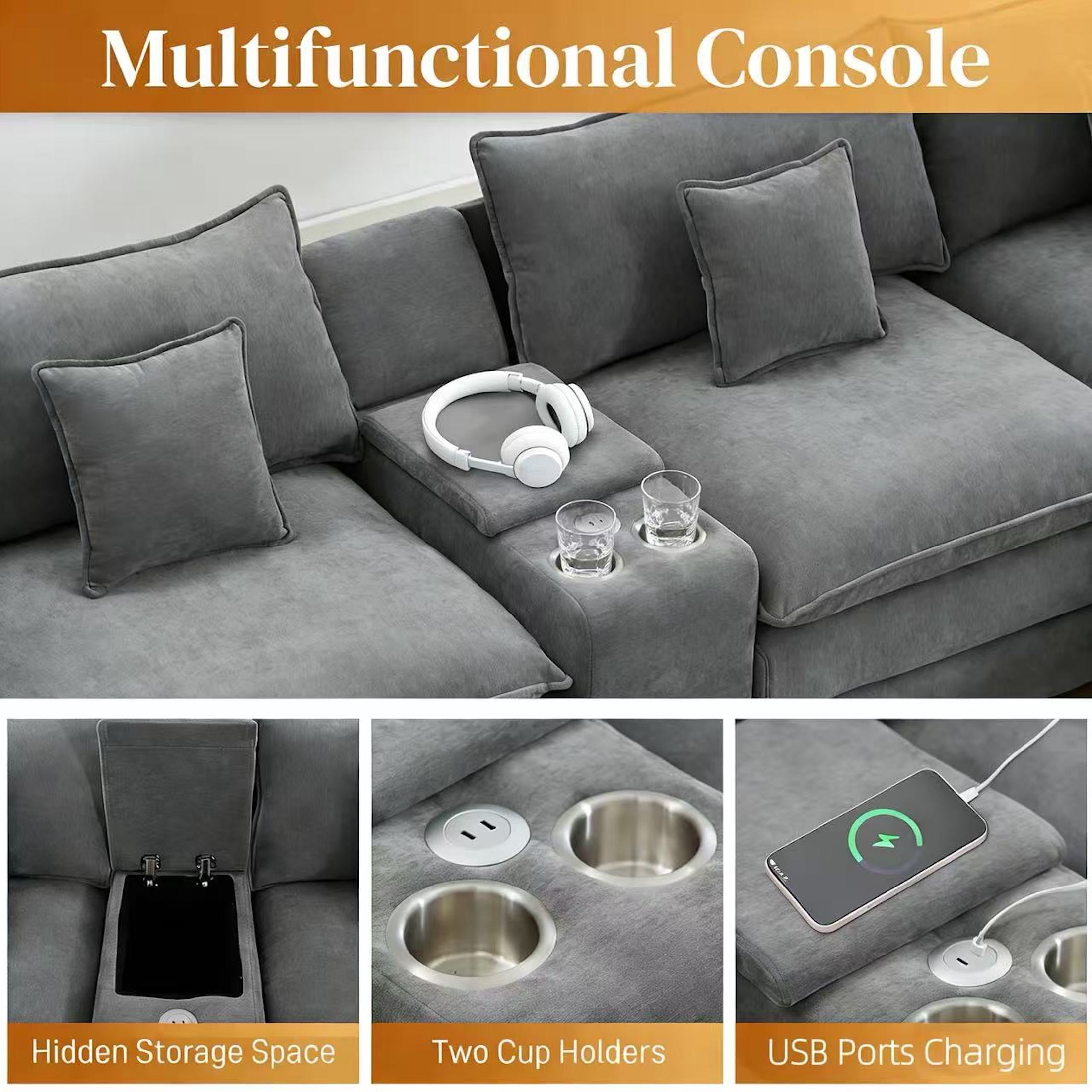 Vinform 145" U Shaped Cloud Couch Sectional with USB Charging, Hidden Storage, Cup Holders & Double Chaise, Grey
