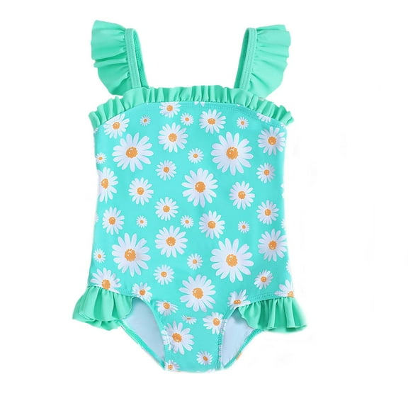 KIMI BEAR Infant Baby Girls Summer Swimsuits 12-18 Months One-piece Bathing Suits Ruffle Sleeveless Beach Wear Daisy Print Swimwear Green