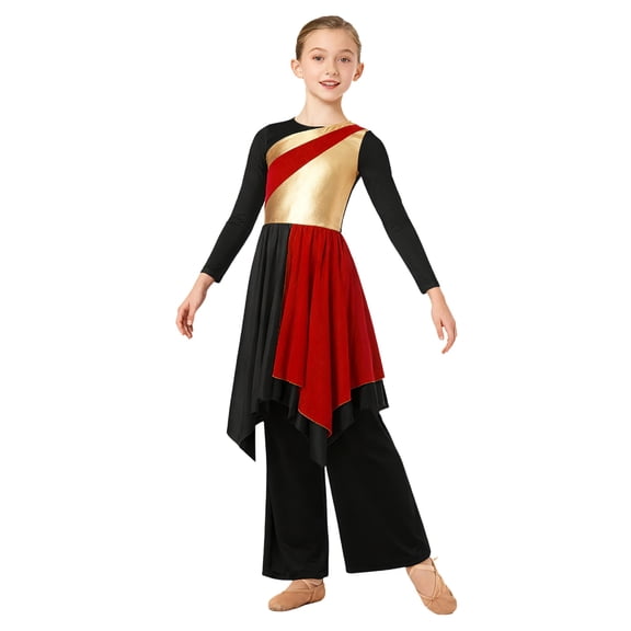 TSSOE Kids Girls Long Sleeve Praise Dance Dress Asymmetrical Liturgical Worship Church Robe and Wide Leg Pants Set Red 14