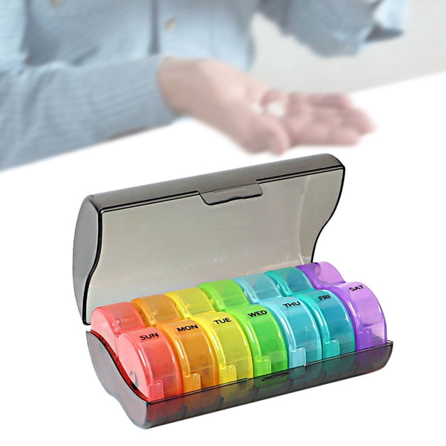 Pastillero portátil Pastillero Organizador de pastillas 5.3x3.4x2 pulgadas 7 Dispensador de pastillas diario Impermeable Apto para viajes para Negro y Multicolor Yinane Caja de almacenamiento de joyas