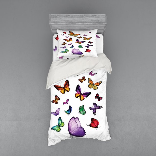 Butterfly Duvet Cover Set, Arrangement of Different Colored Flying