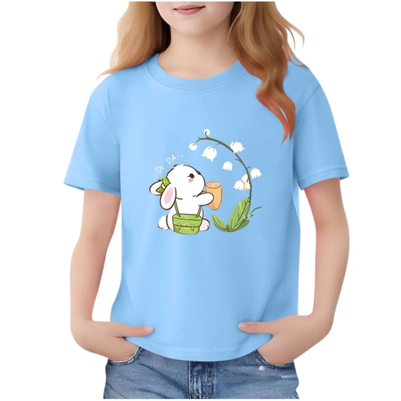 Eltusu Girls Short Sleeve Tops, Crew Neck Graphic Pullover Cotton Summer T-Shirts Blue Size 6 T