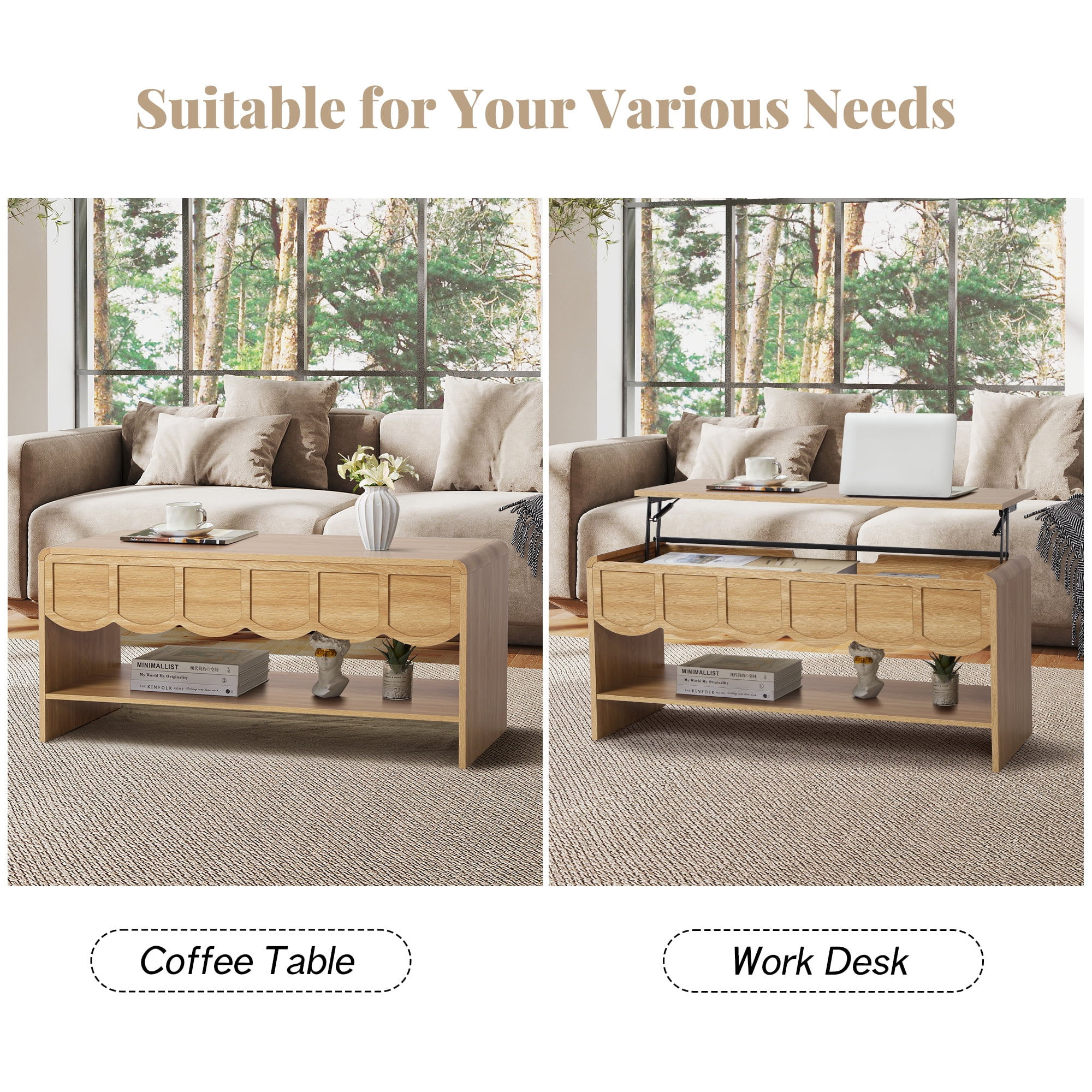 Wirrytor Lift Top Coffee Table with Storage for Living Room , Oval Coffee Table with Hidden Compartment and Open Shelf, Modern Center Tables, Wave Edge Design