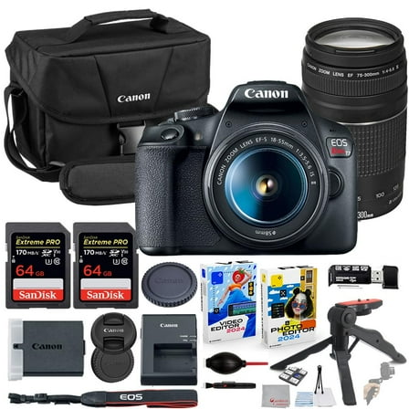 Canon EOS Rebel T7 DSLR Camera with 18-55mm & 75-300mm Lens Bundle with Canon 200ES EOS Shoulder Bag   2X 64GB Extreme Memory Cards   Accessory Kit