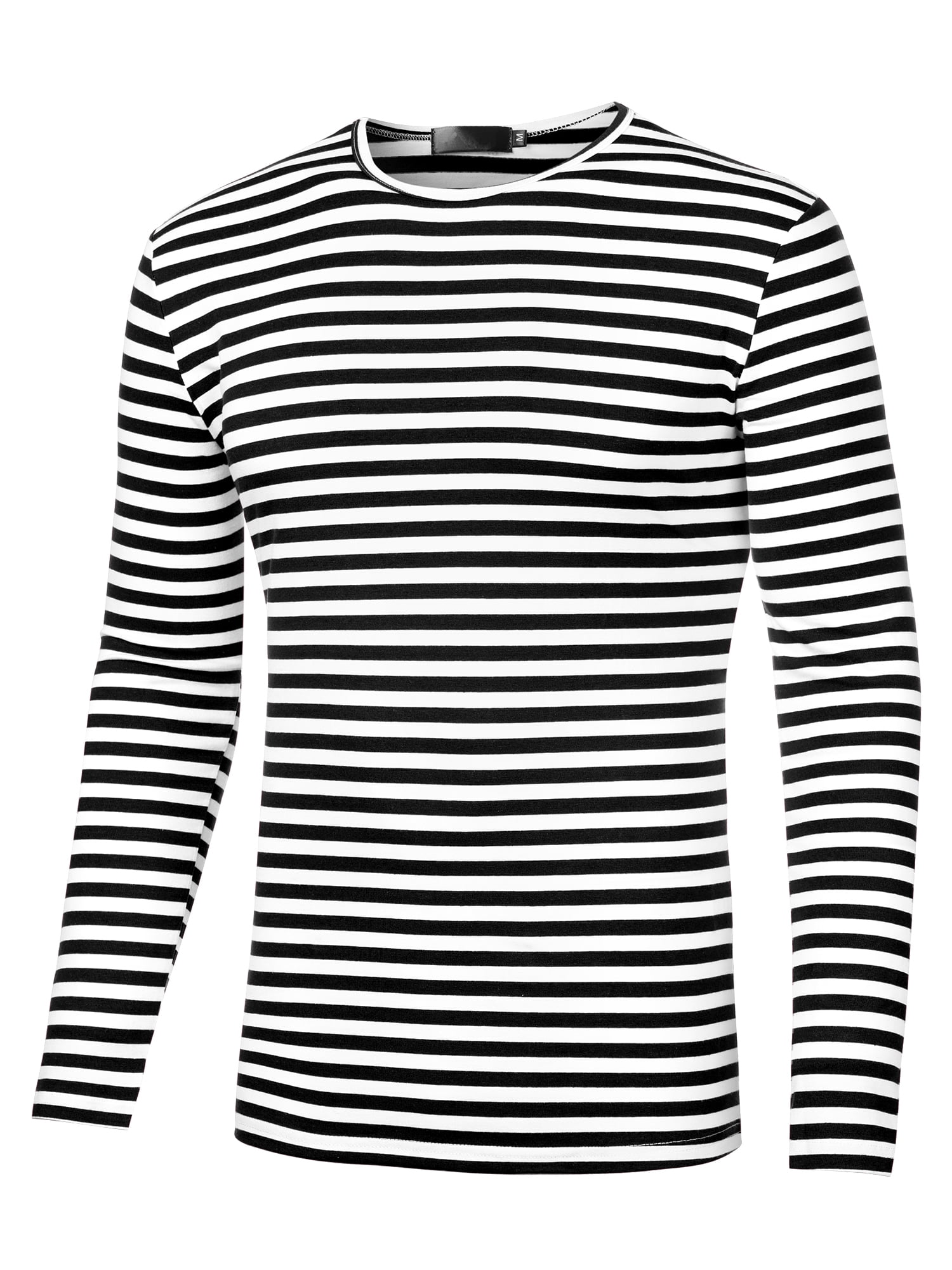 Unique Bargains Men's Long Sleeve Pullover Top Crew Neck Striped T-Shirts 38 White Blacks