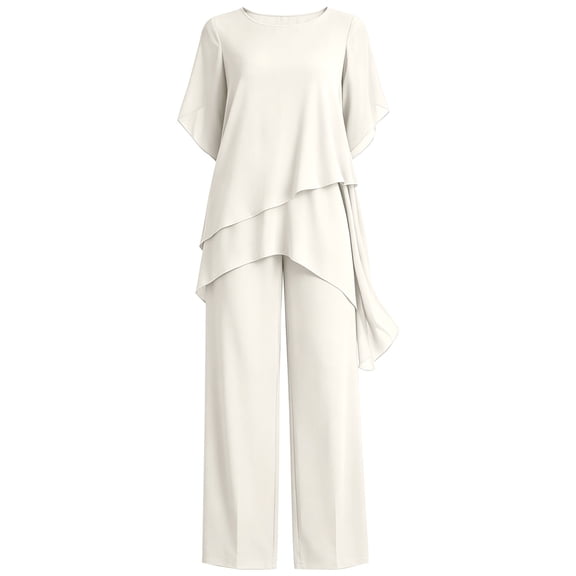Yigetop Women's Asymmetric Capelet 2 Piece Pant Suit Round Neck Loose Fit Wide Leg Trousers Elegant Comfortable Outfits for Formal Events Beige L