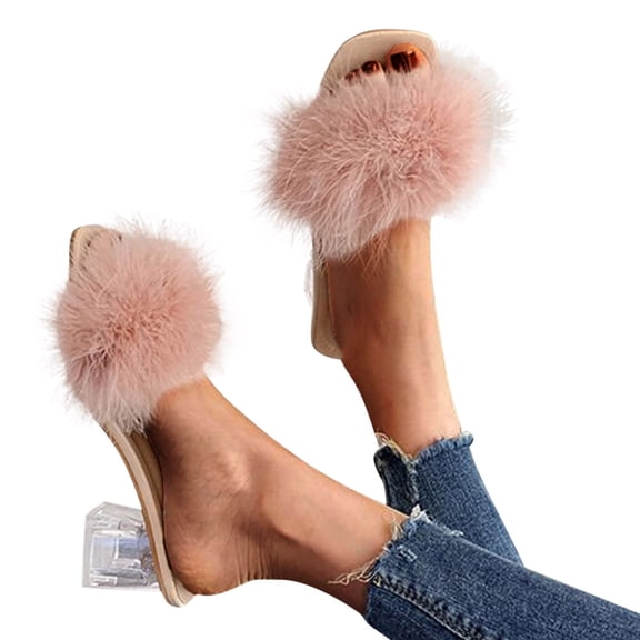 Mepaouo Women's Heeled Slippers Fluffy Feather Sexy Square Toe Summer Sandals Dress Shoes Size 6.5-10