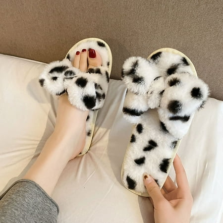 

MRULIC slippers for women Women Slip-On Furry Flat Home Leopard Bow Open Toe Keep Warm Slippers Shoes house slippers for women White + 39