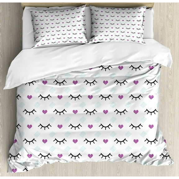 Eyelash Duvet Cover Set Queen Size, Winking Eyes and Pink Hearts Cute Romantic Pattern Cartoon Childish, Decorative 3 Piece Bedding Set with 2 Pillow Shams, Fuchsia Pale Blue Black, by Ambesonne