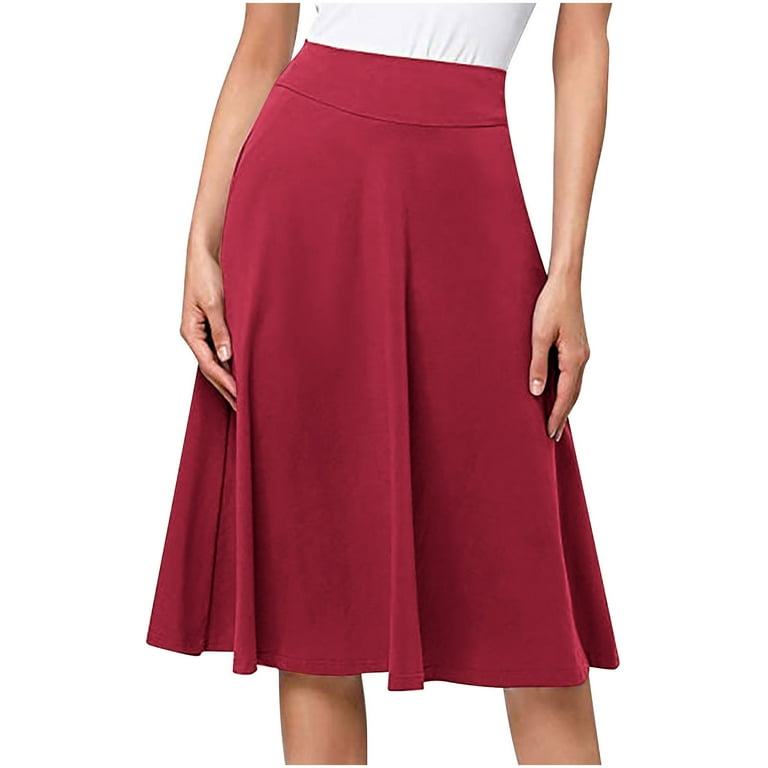 qolati Women s Knitting Midi Skirts Solid Color High Waist Basic Knee Length Skirt Elastic Casual Pleated Work A Line Flared Skirt Walmart