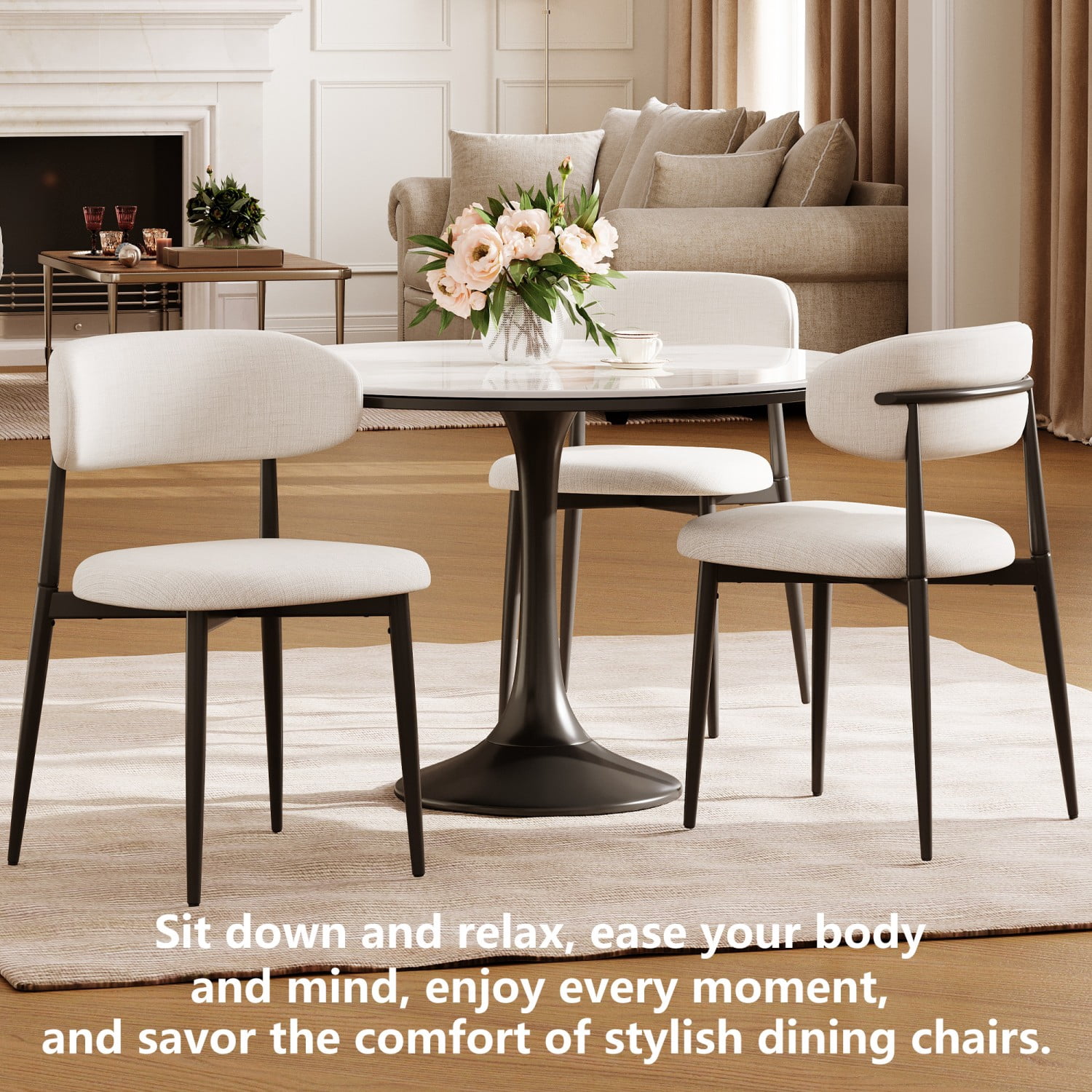 Dining Chairs Set of 2 Metal Kitchen Chairs Modern Upholstered Fabric Dining Room Chairs with Ergonomic Backrest Beige Industrial Farmhouse Style, Black