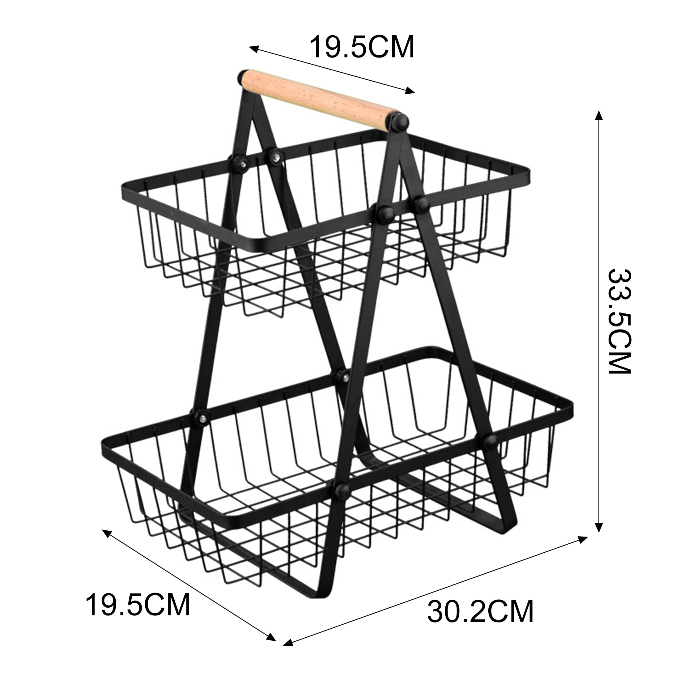 Mirdinner 2 Tier Countertop Fruit Basket Bowl for Kitchen, Detachable Metal Organizer for Bread Vegetable Fruits with Wooden Handle, Large Capacity Storage Basket for Bread Snack Veggies Produce