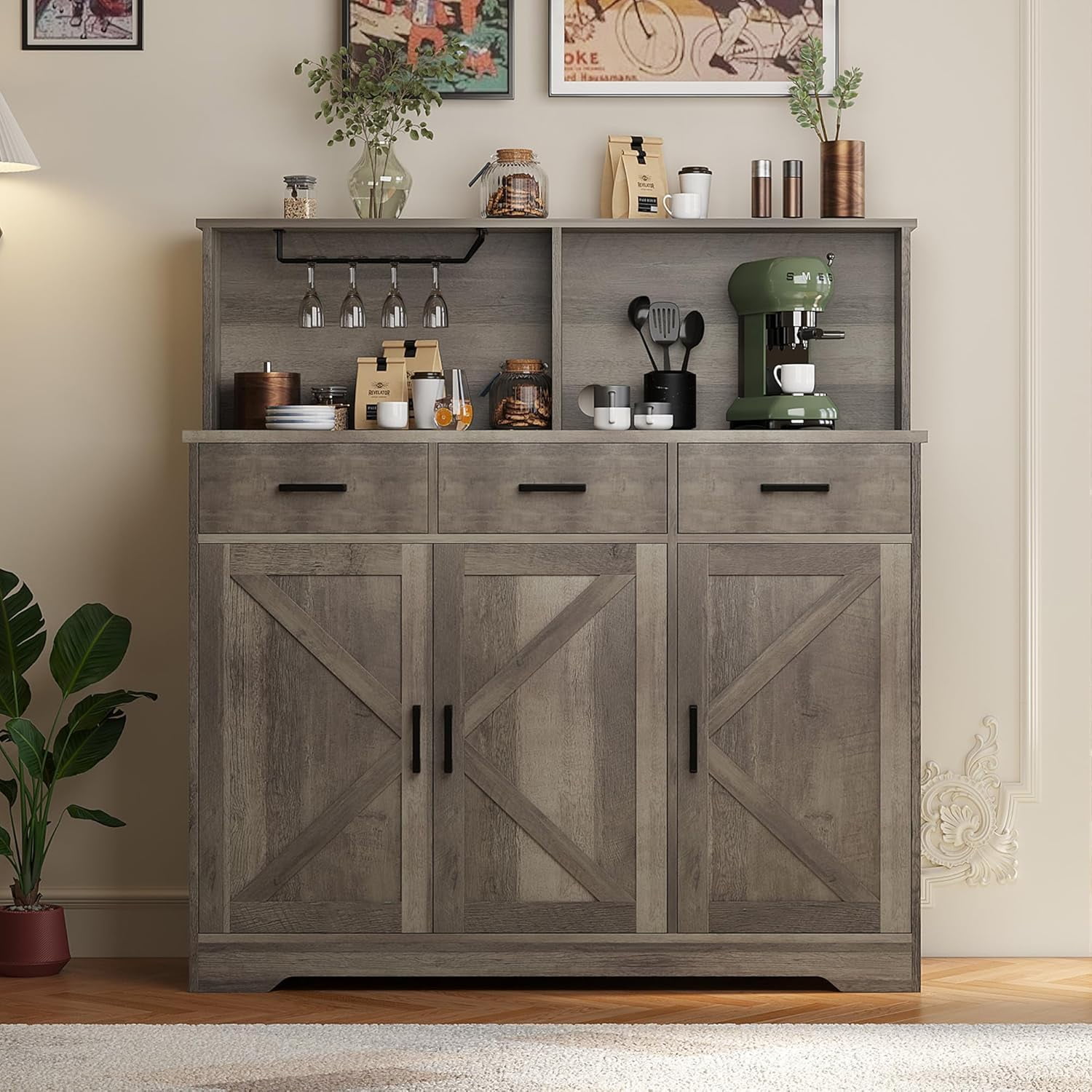 Huisuilinss Kitchen Pantry Storage Cabinet,Farmhouse Kitchen Cabinet,Food Pantry Cabinet with Microwave Stand,Barn Doors Kitchen Hutch with 3 Drawer and Shelves for Dining Room