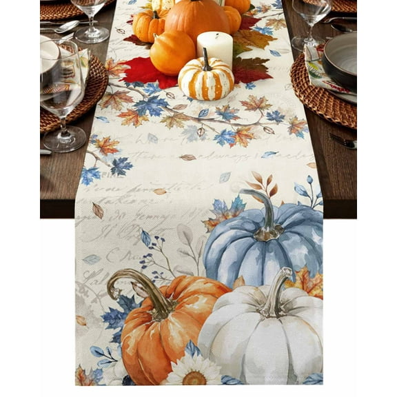 Blue Orange White Pumpkin Table Runner-Cotton Linen- 72 Inch Holiday Dresser Scarves, Fall Maple Leaf Thanksgiving Tablerunner for Kitchen Coffee/Dining Bedroom Living Room Dinner Scarf Décor 16x72