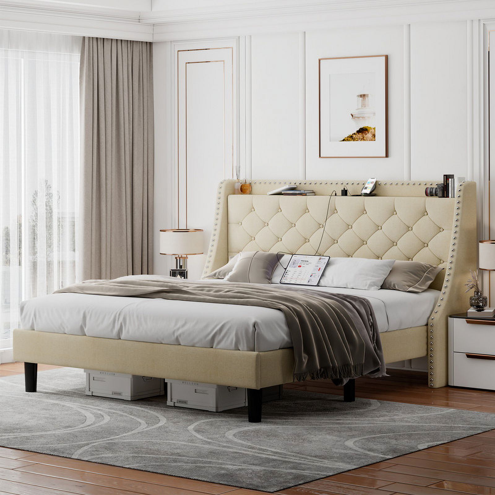 iPormis Full Bed Frame with Upholstered Wingback Button Tufted Storage Headboard, Luxurious Platform Bed with Charging Station, Beige