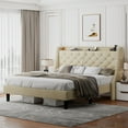 thumbnail image 3 of iPormis Full Bed Frame with Upholstered Wingback Button Tufted Storage Headboard, Luxurious Platform Bed with Charging Station, Beige, 3 of 7