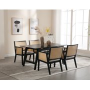 Guyou Rattan Dining Chairs Set of 2, Mid Century Modern Linen Upholstered Dining Room Armchairs, Farmhouse Wooden Kitchen Chairs with Cane Back and Black Hardwood Frame for Living Room, Beige