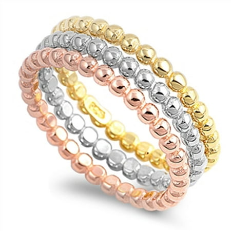 Five Gemstone Stack Rings - Sterling Silver Women's Beaded Stacking Set Rose Gold-Tone Ring (Sizes 4-10) (Ring Size 5)