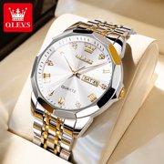 OLEVS Watches for Men Business Dress Analog Quartz Two Tone Gold Plated Stainless Steel Classic Waterproof Luminous Date Casual Mens Wrist Watches Reloj Para Hombre