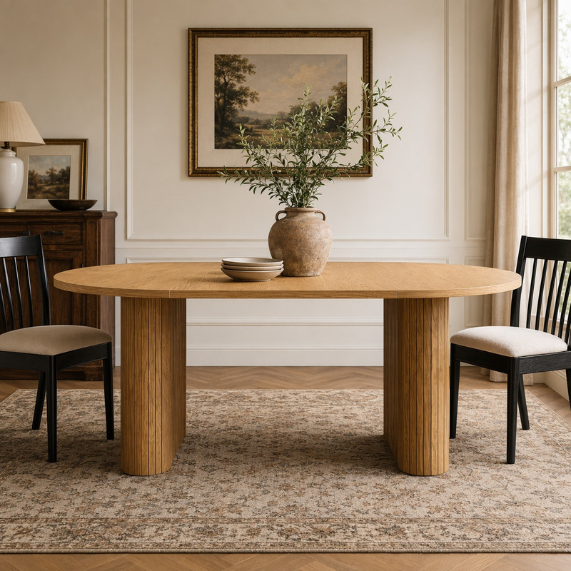 70.8" Long Oval Dining Table for 6-8, Large Wooden Kitchen Dinner Table with Striped Base & Non-Slip Foot Pads
