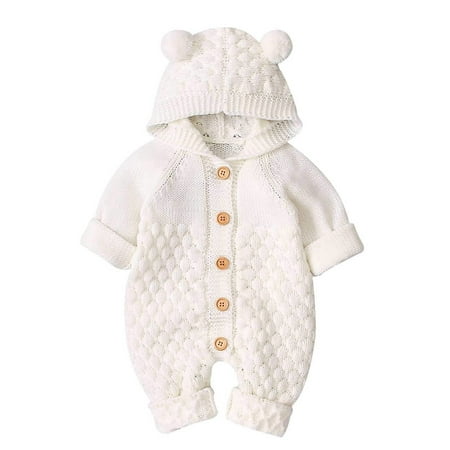 

xingqing 0-24M Newborn Baby 3D Ear Sweater Rompers Long Sleeve Button Down Hooded Jumpsuit One-Piece Winter Outfits White 0-6Months