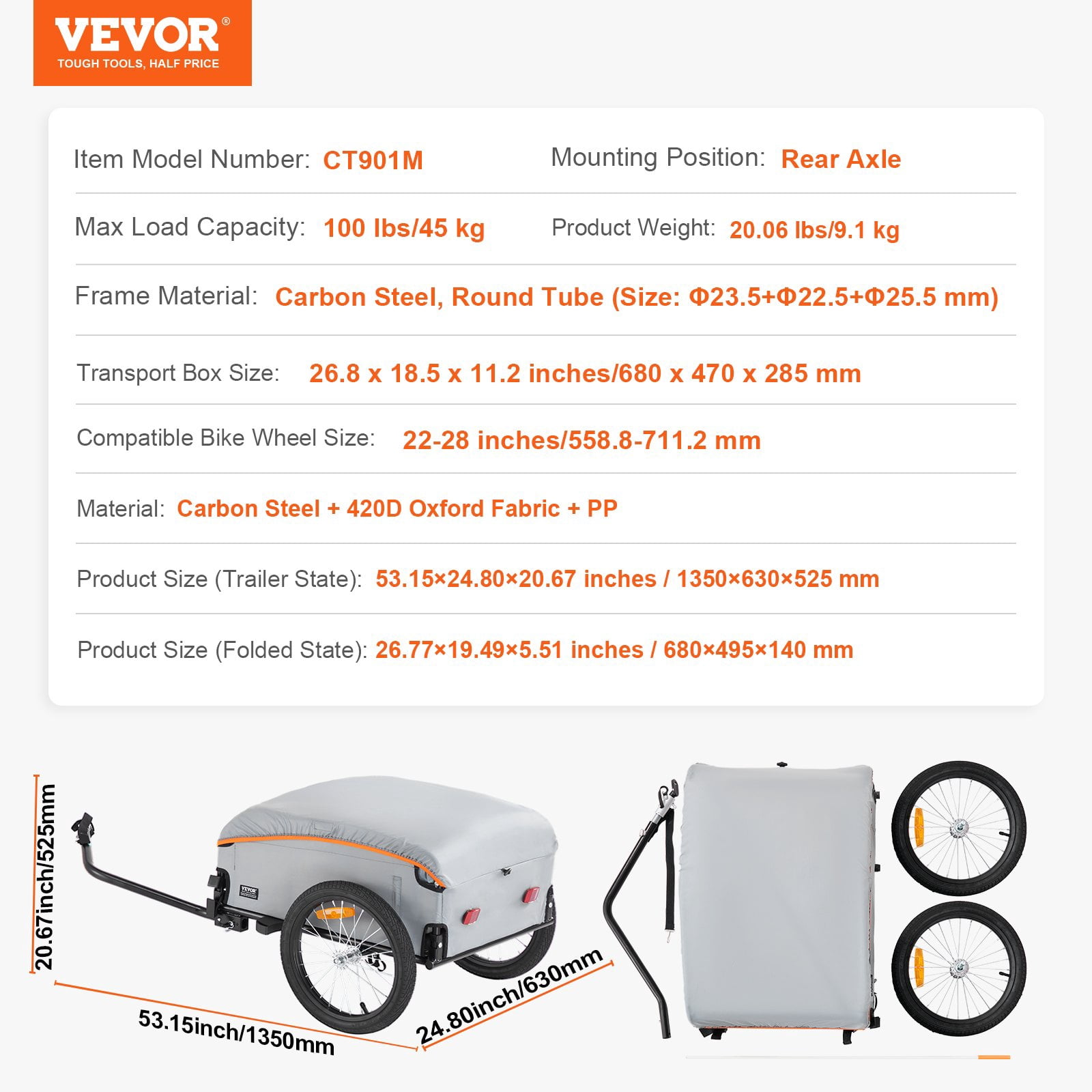 VEVOR Foldable Heavy-Duty Two-Wheels Cargo Trailer, White and Orange